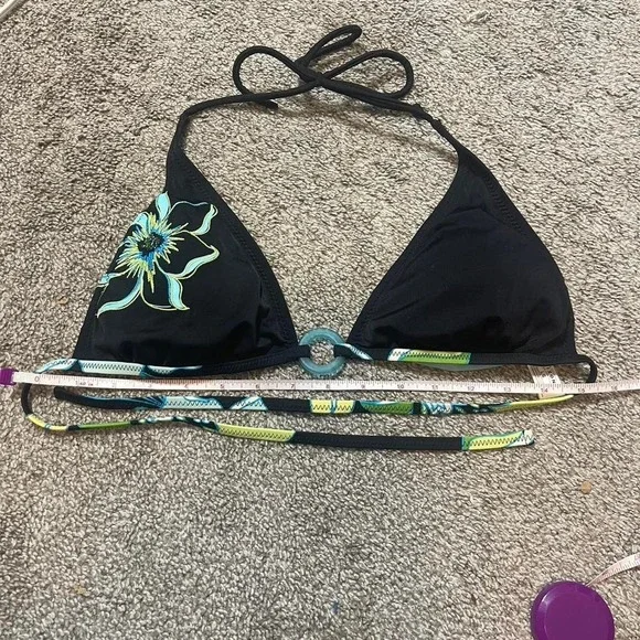 black bikini top with blue beaded flower design and jelly pendant - Picture 4 of 6